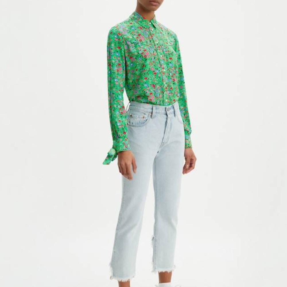 Levi’s Green Floral Button Down Blouse S Small Long Sleeve Tie Cuff Boho Chic - Picture 2 of 10